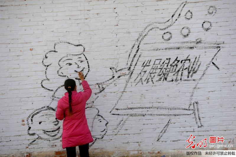 河南新蔡:农家墙壁绘出十八大精神漫画_赵学